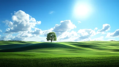 Sunlit green hills with a solitary tree and drifting clouds.