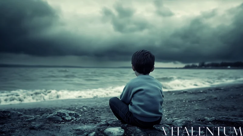 Solitary child on stormy pebble shore under brooding clouds
