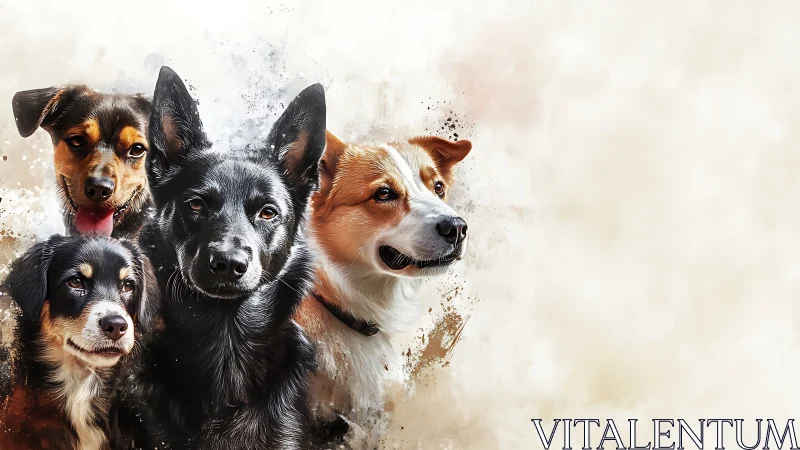 Paint-splashed pack of loyal dogs in soft caramel mist.