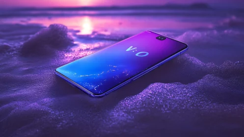 Gradient smartphone rests on glowing shoreline foam at dusk