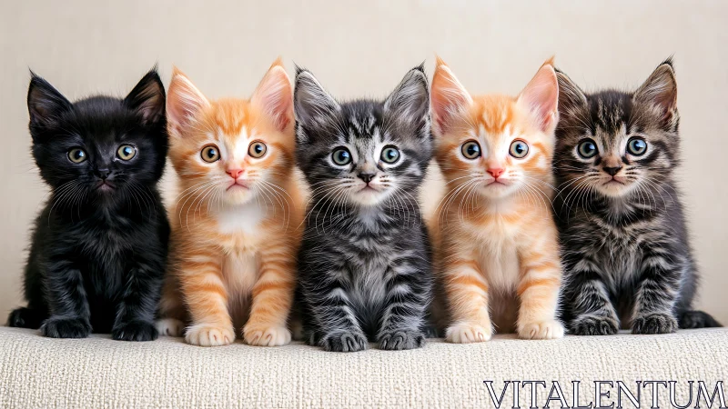 Five kittens in multiple color patterns positioned in frontal alignment.