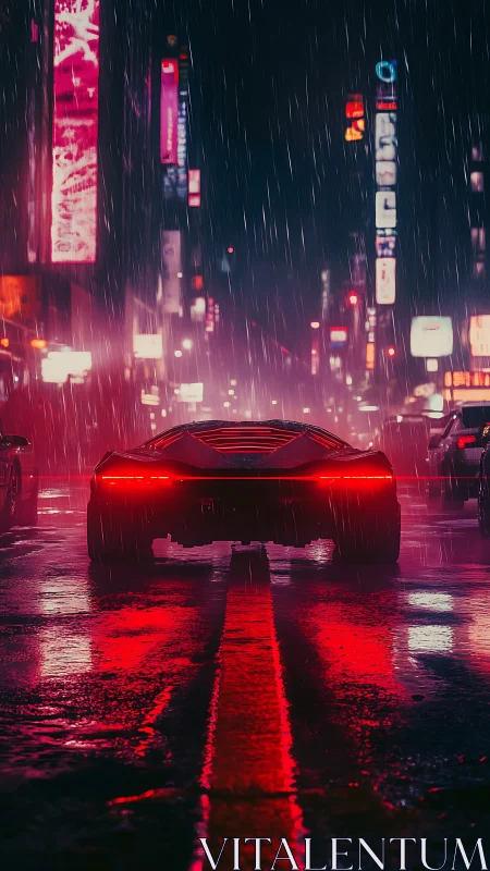 Futuristic sports car is stationary on wet neon city street
