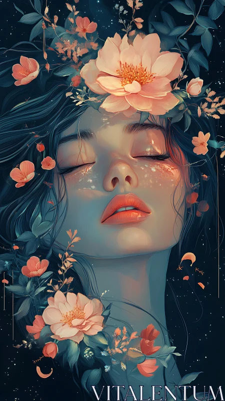 Floral dreamscape portrait merges serenity and cosmic night.