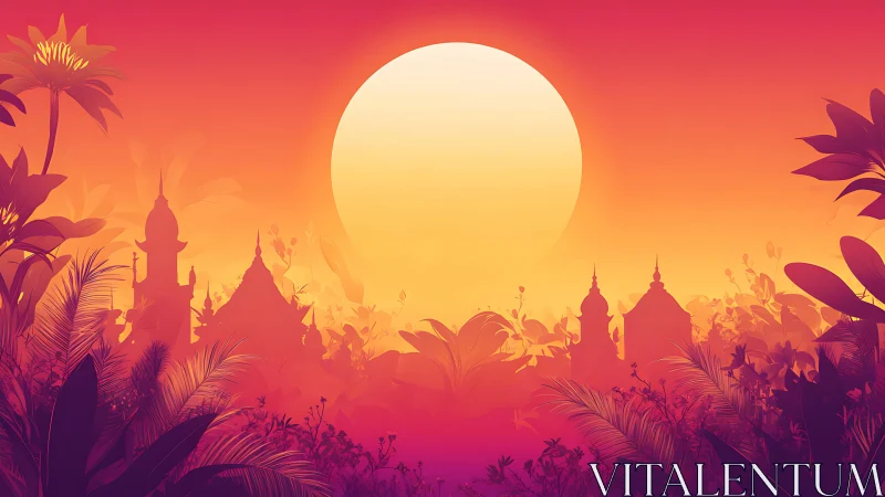 Glowing jungle temples rest beneath a radiant sunset sky