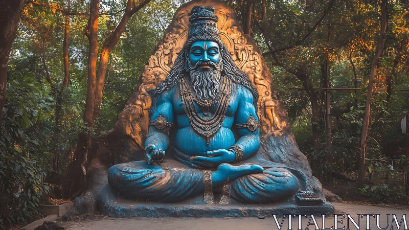 Serene blue sage statue amid sunlit forest sanctuary.
