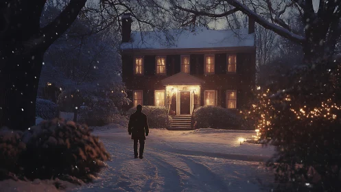 Nocturnal winter facade with silhouetted pedestrian approach.