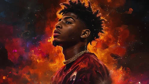 Confident young man rises against vivid cosmic firestorm