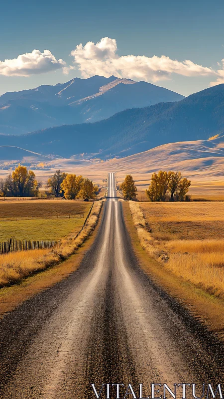 Linear gravel roadway through autumnal valley toward mountains.