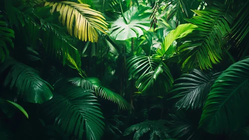 Dense tropical jungle foliage in deep green light.