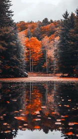 Autumn deciduous trees reflected in calm forest lake surface.