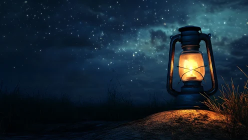Lantern glow under starry night sky on quiet hillside.