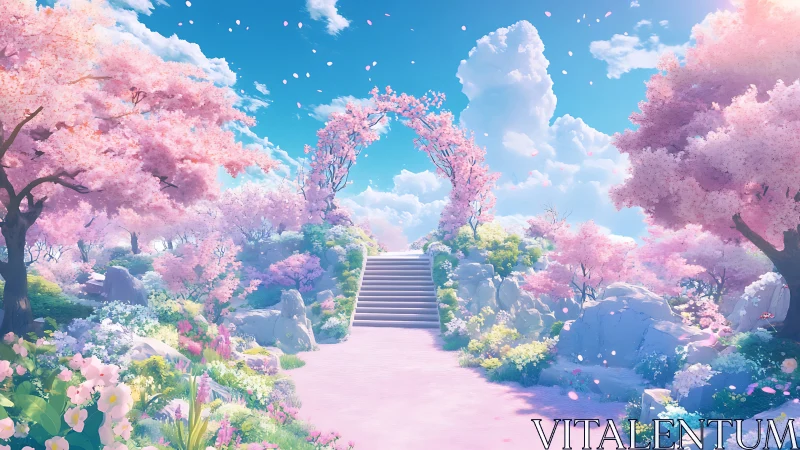 Cherry blossom stairway under bright spring sky.