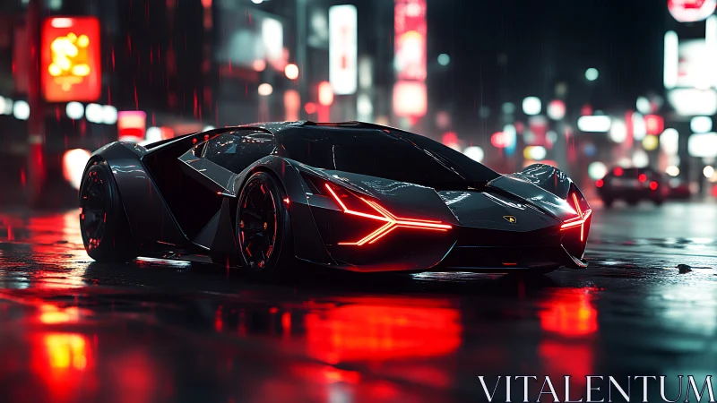 Midnight supercar gliding through neon city rainstorm.