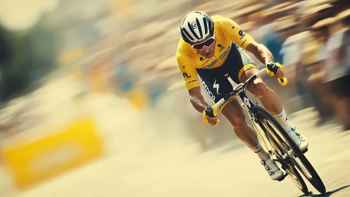 Professional cyclist sprints in yellow jersey with dynamic blur.