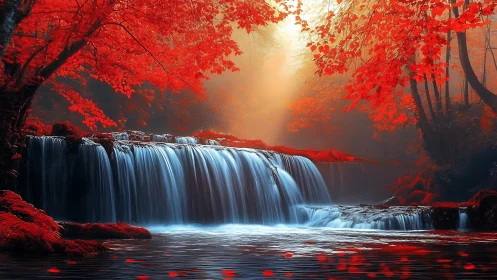 Crystalline waterfall flows beneath vivid red autumn canopy