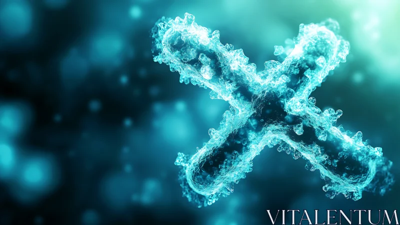 Chromosome rendered as fluidic X structure in cyan bokeh field