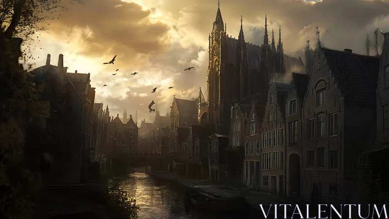 Golden dusk settles over a quiet canal and towering cathedral