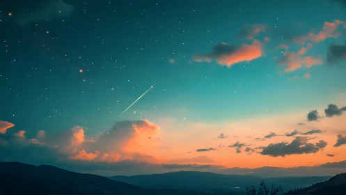 Digital landscape shows dusk sky, stars and distant meteor