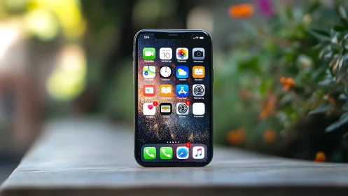 iPhone with Default App Layout on Garden Surface