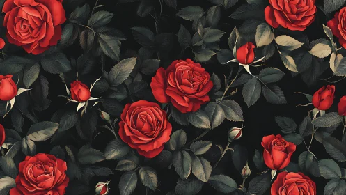 Red Roses on Black Background with Dark Green Foliage