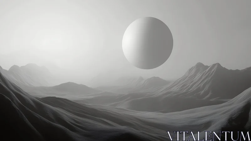 Monochrome orbital sphere over numerically sculpted ridges.