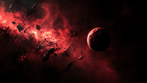 Digital nebula field with eclipsed red planet focal point.