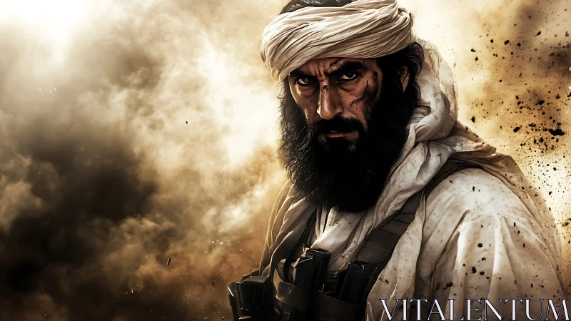 Digital portrait shows armed bearded man amid dust clouds