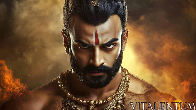 Mythic warrior portrait with fire and ornate gold jewelry.