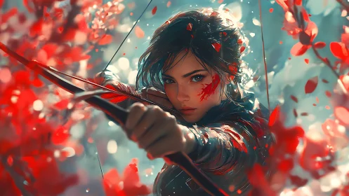 Warrior archer draws bow amid crimson petals in motion.