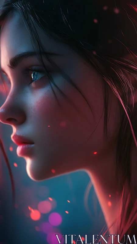 Profile portrait of stylized girl in bokeh-lit, shallow depth rendering