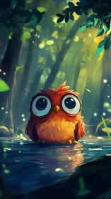 Wide eyed forest owl enjoying a quiet woodland pond.