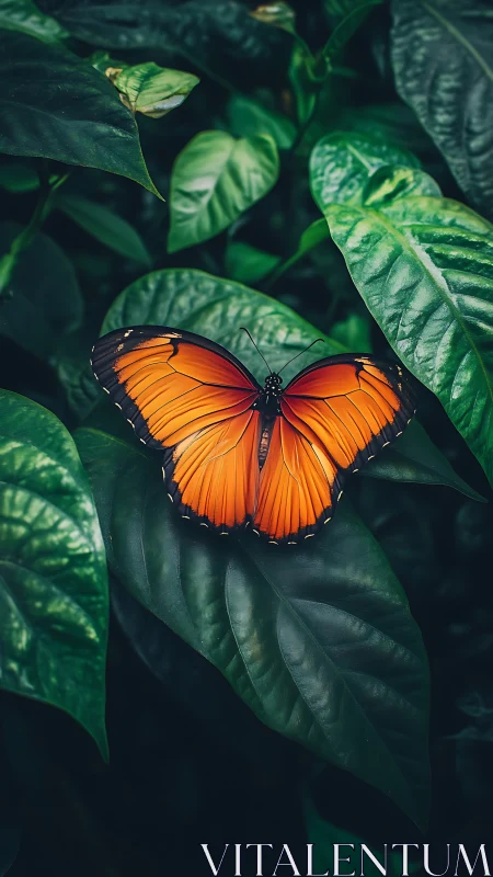 Orange butterfly on dark green foliage in close view.