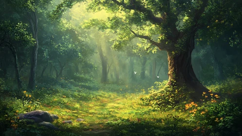 Luminescent Forest Canopy with Volumetric Light Rays and Dense Undergrowth