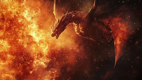Fiery dragon soaring through swirling sparks and glowing flame.