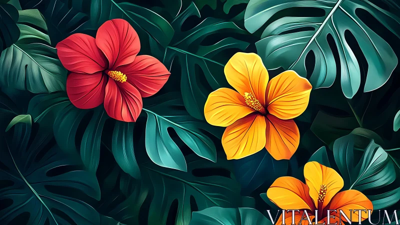 Vibrant Tropical Blooms Among Lush Monstera Leaves.