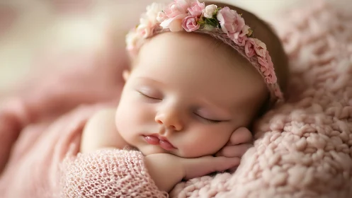 Sleeping infant crowned with pink floral wreath.
