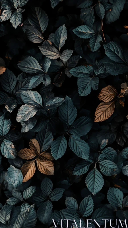 Dark teal foliage contrasts with isolated golden autumn leaves