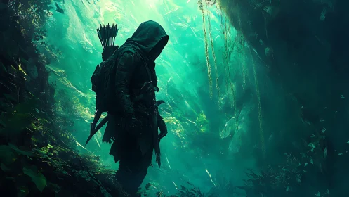 Hooded archer figure standing in dense green forest light.