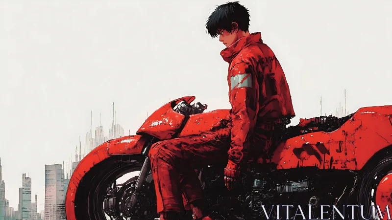 Red-clad rider on futuristic motorcycle in sparse urban skyline