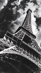 Black and white Eiffel Tower photographed from below.