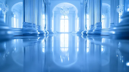 Glacial neoclassical colonnade with reflective marble floor