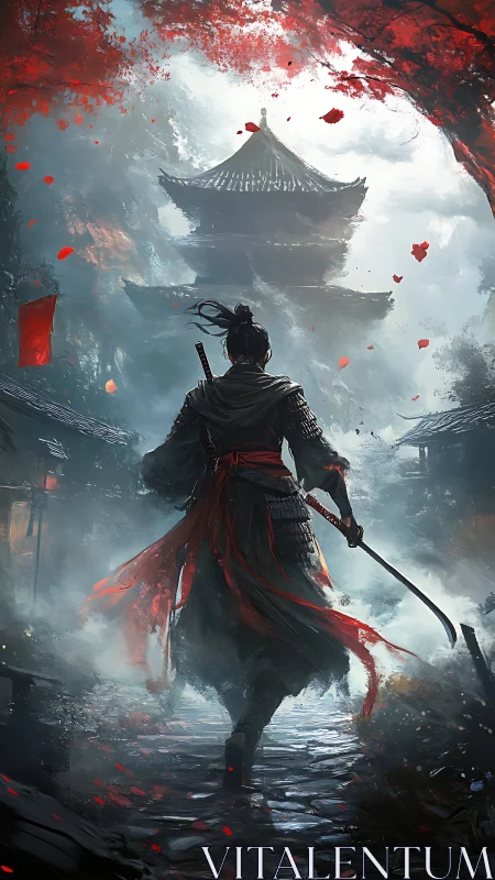 Backlit samurai strides toward mist-shrouded pagoda in red haze