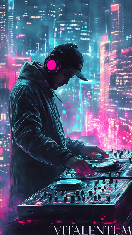 DJ mixes electronic tracks in neon cityscape at night