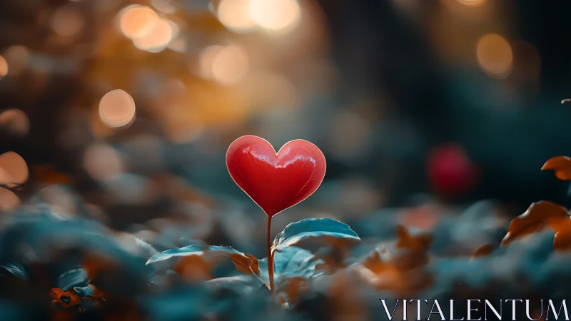 Red heart-shaped flower against blurred warm background.
