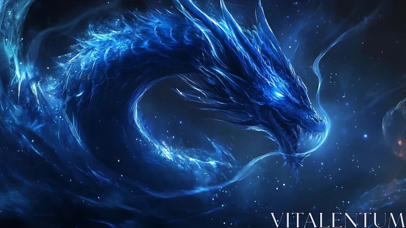 Blue spectral dragon form rendered in a cosmic space scene.
