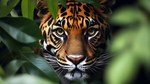 Tiger eyes pierce dense jungle shadows with quiet power.