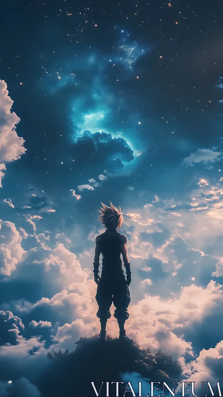 Silhouetted anime figure above clouds under starry sky.