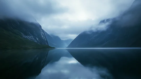 Silent misty fjord cradles calm water in soft blue light