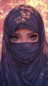 Veiled woman with detailed eyes framed by layered fabric