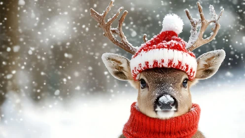 Festive reindeer portrait in snowfall with red knit accents.